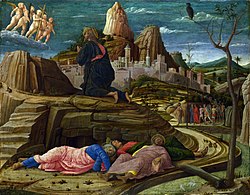 In Agony in the Garden, Jesus prays in the garden after the Last Supper while the disciples sleep and Judas leads the mob, by Andrea Mantegna c. 1460. Andrea Mantegna 036.jpg