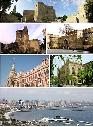 From top, left to right: Shirvanshah's Palace, Maiden Tower, Walled City, Mayoralty of Baku, Ismailiyya building and Baku Boulevard at the Caspian Sea