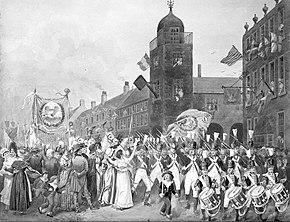 Bastille Day, 1792, Belfast. Volunteer companies parade "The Colours of Five Free Nations, viz.: Flag of Ireland - motto, Unite and be free. Flag of America - motto, The Asylum of Liberty. Flag of France - motto, The Nation, the Law, and the King. Flag of Poland - motto, We will support it. Flag of Great Britain - motto, Wisdom, Spirit, and Liberality." Also portraits of Franklin - motto "Where Liberty is my country", and of Mirabeau - motto, "Can the African Slave Trade, though morally wrong, be politically right". Bastille-day-belfast-1791.jpg