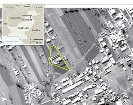 Aerial view of Osama bin Laden's compound in the Pakistani city of Abbottabad made by the CIA. CIA aerial view Osama bin Laden compound Abbottabad.jpg