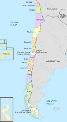 Chile (+ Antarktida a ostrovy), správní rozdělení - en - colored 2018.svg