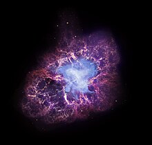 Great Observatories program telescopes are combined for enhanced detail in this image of the Crab Nebula Crab Nebula NGC 1952 (composite from Chandra, Hubble and Spitzer).jpg