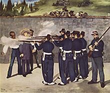Peinture à l'huile représentant Maximilien en tenue bleue portant un sombrero, entouré de deux autres hommes, fusillés par un peloton de six hommes, tandis qu'un autre soldat recharge son fusil et que derrière le mur observent une dizaine de spectateurs