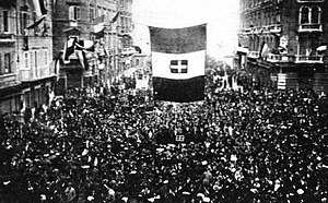 Residents of Fiume cheer the arrival of Gabriele D'Annunzio and his blackshirt-wearing nationalist raiders, as D'Annunzio and Fascist Alceste De Ambris developed the proto-fascist Italian Regency of Carnaro (a city-state centered on Fiume) from 1919 to 1920. These actions by D'Annunzio in Fiume inspired the Italian Fascist movement. In September 1919 Fiume had 22,488 (62% of the population) Italians in a total population of 35,839 inhabitants Fiume cheering D'Annunzio.jpg