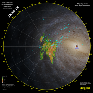 Map of stars cataloged by the Gaia release in 2021, overlay on top of artist's conception of the Milky Way overall shape Galaxymap.com, map 12000 parsecs (2022).png