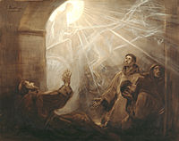 Francesc apareix sobre un fulgentíssim carro de foc (aquarel·la, 1926), Josep Benlliure i Gil (Cabanyal-Canyamelar, 1855 - València, 1937), il·lustració.