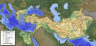 Map of Alexander the Great's empire and the route he and Pyrrho of Elis took to India MacedonEmpire.jpg