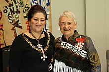 Waring (right), after her investiture as a Dame Companion of the New Zealand Order of Merit by the governor-general, Dame Cindy Kiro, at Government House, Auckland, on 24 May 2022 Marilyn Waring DNZM investiture.jpg