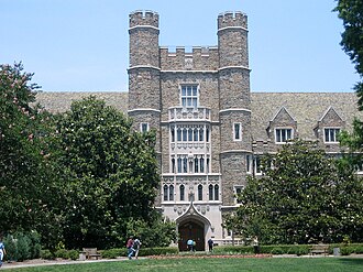 Gothic-style four story exterior of a building with castle-like turrets