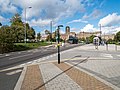 View of the site of Metchley Fort from the approximate centre of the fort, pictured in 2019. The position of a Roman street through the fort has been marked by the two lines of yellow bricks in the pavement. This street ran between the north-west gate and the south-east gate.