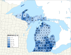 Distribuição de NRHPs nos condados do Michigan.