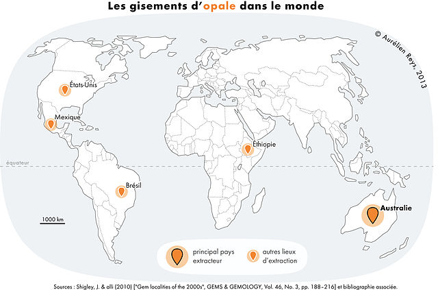 A map of the world displaying the countries where opal is most commonly found; Australia, Ethiopia, Brazil, Mexico and the United States of America are highlighted.