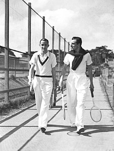 Tennis players Pat Hughes and Fred Perry at White City Stadium in Sydney, 1934.