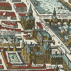 Palác mezi Louvrem a kostelem Saint-Germain-l'Auxerrois na plánu z roku 1615