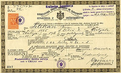 Slika:Potrdilo o jugoslovanskem državljanstvu 1930.jpg