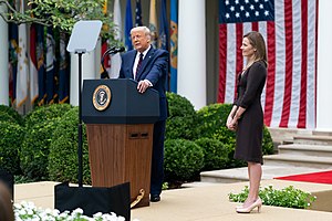 President Donald Trump nominates Judge Amy Coney Barrett in the Rose Garden of the White House. President Trump Nominates Judge Amy Coney Barrett for Associate Justice of the U.S. Supreme Court (50397785301).jpg