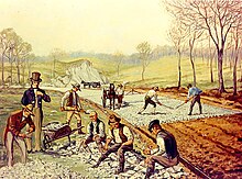 Construction of the first macadam road in the United States in 1823. In the foreground, workers are breaking stones "so as not to exceed 6 ounces in weight or to pass a two-inch ring". Rakeman - First American Macadam Road.jpg