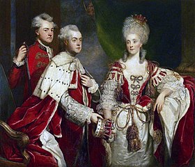 An earl, wearing crimson robe and surcoat over court dress and holding his coronet, and countess, wearing crimson robe and kirtle over a court dress and wearing her coronet (1780). From a portrait of George, 2nd Earl Harcourt by Sir Joshua Reynolds. Reynolds - George, 2nd Earl Harcourt, his wife Elizabeth, and brother William.jpg