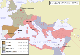 Map of the Roman Empire during the Year of the Four Emperors (69 AD). Blue areas indicate provinces loyal to Vespasian and Gaius Licinius Mucianus.