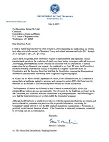 Secretary Mnuchin Response to Chairman Neal in which he refuses to release Trump's tax returns to Congress Secretary Mnuchin Response to Chairman Neal 2019-05-06.pdf