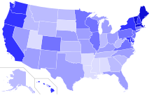 Percent of self-identified liberals by state in 2018, according to a Gallup poll:
.mw-parser-output .legend{page-break-inside:avoid;break-inside:avoid-column}.mw-parser-output .legend-color{display:inline-block;min-width:1.25em;height:1.25em;line-height:1.25;margin:1px 0;text-align:center;border:1px solid black;background-color:transparent;color:black}.mw-parser-output .legend-text{}
32% and above
28-31%
24-27%
20-23%
16-19%
15% and under Self-identified liberals 2018 Gallup.svg