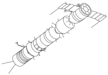 Soyuz 7K-9K-11K circumlunar concept. The drawing shows Soyuz 7K (right), Soyuz-B/Soyuz 9K booster, and Soyuz-V/Soyuz 11K tanker with twin whip antennas (left) Soyuz-A-B-C circumlunar complex drawing.png