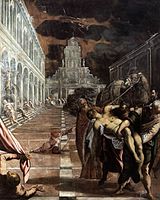 Venetian merchants with the help of two Greek monks take Mark the Evangelist's body to Venice, by Tintoretto