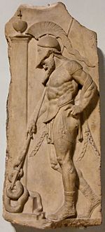 Roman Neo-Attic stele depicting a warrior in a muscle cuirass, idealizing the male form without nudity (1st century BC) Stele warrior BM GR1905.10-23.1.jpg