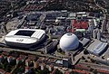 Luftbild der Tele2 Arena (links), in der Mitte die Avicii Arena und rechts die Hovet im Juli 2018