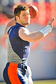 Quarterback cocking his arm to throw a football