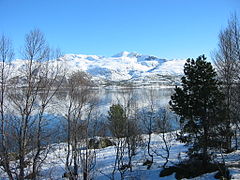 Southern part of Tjeldsundet looking east towards the mountainous Tjeldøya