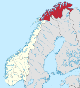 Kaart van Troms og Finnmark fylkeskommune Romsa ja Finnmárkku fylkkagielda Tromssan ja Finmarkun fylkinkomuuni (2020-2023)