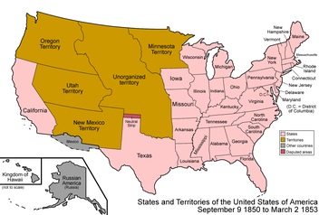 The United States after the ratification of the Treaty of Guadalupe Hidalgo, with the Mexican Cession still unorganized