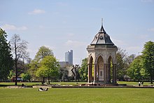 Grade II* listed drinking fountain in Victoria Park (2016), erected by Baroness Angela Burdett-Coutts in 1862. Victoria Park fountain.jpg