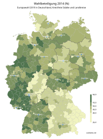 Wahlbeteiligung bei der Europawahl 2014 in %, Kreiseinteilung 2018