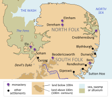 The Kingdom of East Anglia during the early Anglo-Saxon period, showing the approximate coastline and the Fens at the time Williamson p16 3.svg