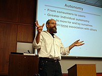 High-res image of Yochai Benkler giving a talk at Boalt Hall on 27 April 2006 on his book, The Wealth of Networks.
