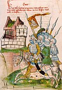 Herzog Žygimantas Kaributaitis und seine Truppen mit dem litauischen Wappen in Prag, 15. Jahrhundert