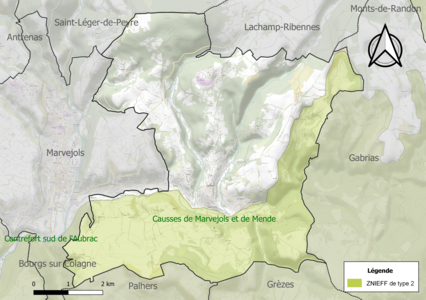 Carte de la ZNIEFF de type 2 sur la commune.