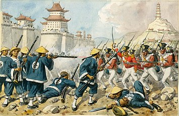 Painting of a battle between Qing matchlock-armed infantry and British line infantry at the Battle of Chinkiang. The retreat of the Qing infantry into the city and the ensuing close-quarters combat led to heavy casualties on both sides.