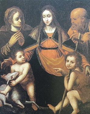 Painting depicting a group formed by a seated woman flanked by an old man and an old woman, a child riding a lamb and another child pointing to it.