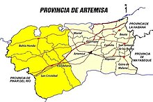 Map of Artemisa Province. Deep yellow color indicates former municipalities of Pinar del Rio Province Artemisa mapa.jpg
