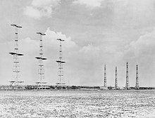 The tall towers of the Chain Home system allowed them to detect targets as far as 100 miles away, over France. Chain Home radar installation at Poling, Sussex, 1945. CH15173.jpg