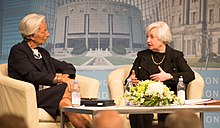 Former chair of the Federal Reserve Janet Yellen speaks with IMF Managing Director Christine Lagarde, 2014 Chair Yellen and IMF Managing Director Lagarde 140702 (cropped).jpg