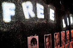Row of portraits, and lights spelling out the words 'FREE LIU'