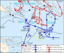Carte centrée sur la mer de Corail avec la chronologie des mouvements des flottes
