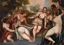 Scenes of Diana and a woodland coterie, such as this Diana and Callisto (1658/59) on a theme Pietro Liberi often painted, became opportunities in the classical tradition to explore fleshy female homosociality Diana and Callisto by Pietro Liberi.jpg