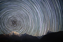 This long-exposure photo of the northern night sky above the Nepali Himalayas shows the apparent paths of the stars as Earth rotates. Earth Rotation (Nepal, Himalayas).jpg