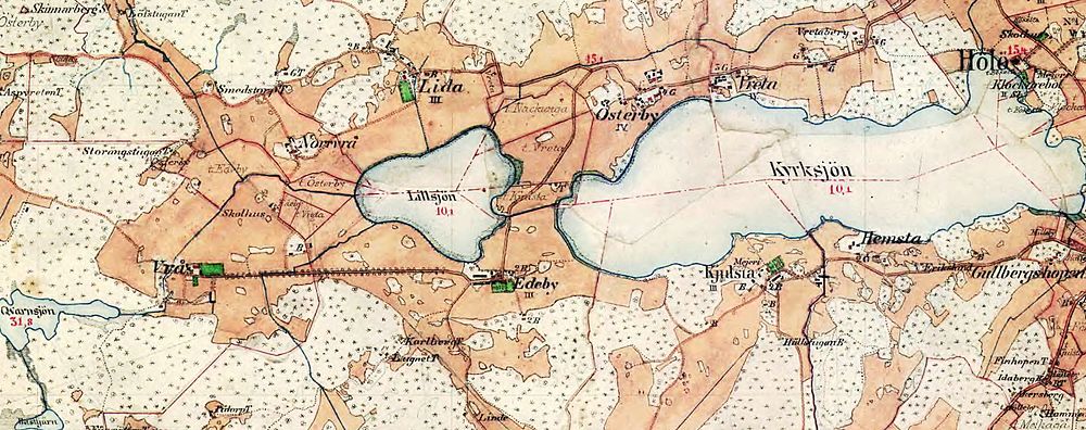 Gårdarna Edeby, Vrå, Lida med Lillsjön och Kyrksjön på Häradsekonomiska kartan från slutet på 1800-talet.