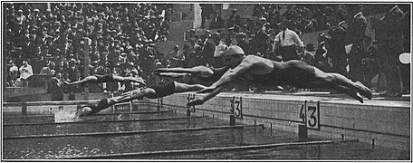 Finale du 400 mètres nage libre masculin, le 18 juillet. De g. à d. : USA : Johnny Weissmuller, SWE : Arne Borg AUS : Andrew Charlton SWE : Åke Borg, GBR : Jack Hatfield.